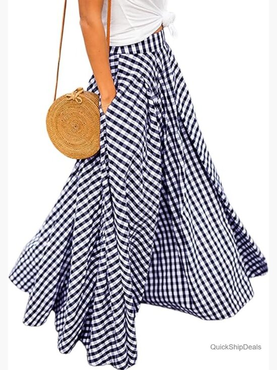 Dresses & Skirts - Plaid Gingham Maxi Skirt High Waist A-Line Pleated Flared Long